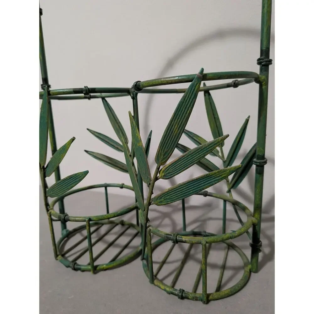 Vintage Green Metal Bamboo Wine Rack Tabletop Holder 16